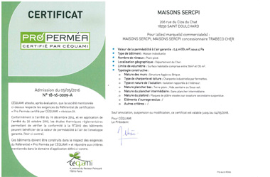Certificat Pro Permea N° 18-16-0009-A, certifié par Céquami